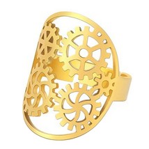 Mechanical Gear Ring Gold PVD Plated Stainless Steel Adjustable Steampunk Band - £12.02 GBP