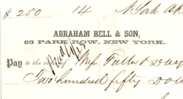 1853 Pre Civil War Bank Check Abraham Bell &amp; Son Chk #14 - $250 - £18.69 GBP