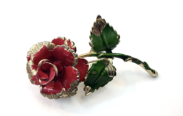 Vintage Gold Tone &amp; Enamel Long Stemmed Rose Brooch Contrived Distressed... - $15.00