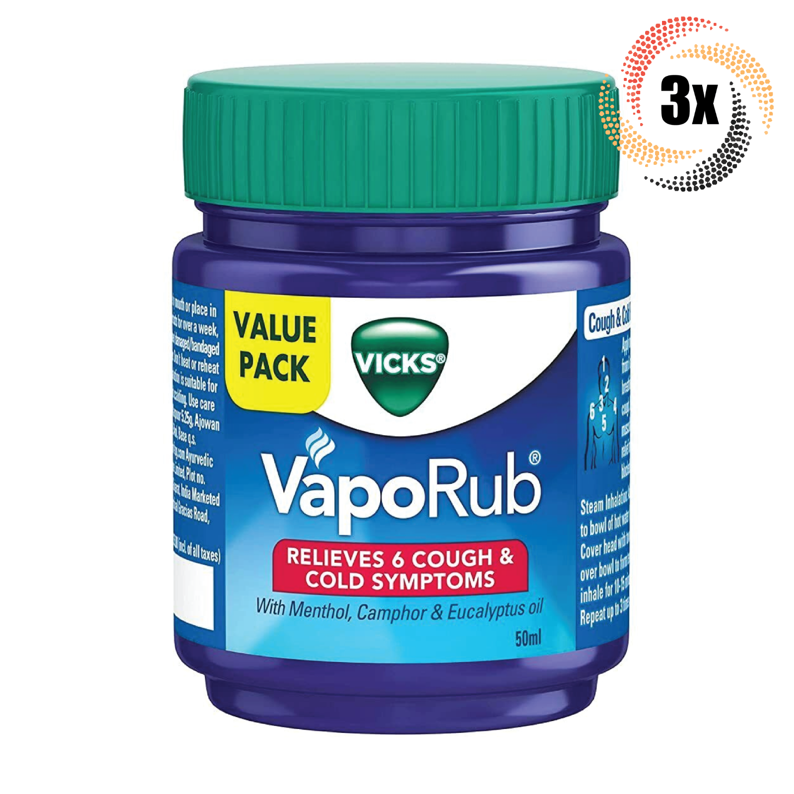 3x Jars Vicks VapoRub Menthol, Camphor &amp; Eucalyptus Oil Cough Suppressan... - $20.81