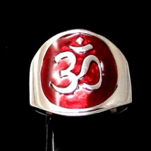 Sterling silver Buddhist symbol ring Ohm sacred sound Buddhism on Red enamel hig - £60.13 GBP