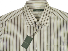 NEW $425 Ermenegildo Zegna Shirt!  L  Hidden Button Down  Tan Brown White Stripe - £95.63 GBP