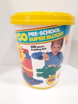 Vintage TYCO Super Blocks Pre-School Bucket Legos Duplo 1990 Yellow Tub 100 Pcs - £19.42 GBP