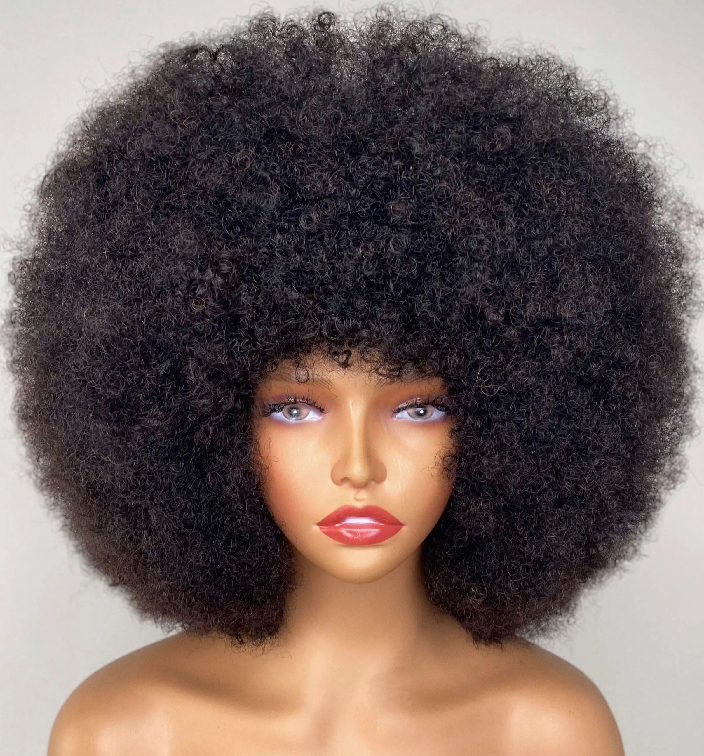 Fluffy Afro Kinky Curly Human Hair Wig With Thick Bangs Natural Short Bob Wi - £46.54 GBP+