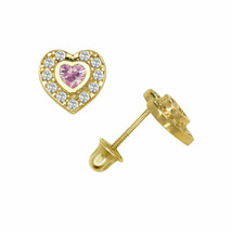 14K Yellow Gold Pink Sapphire Halo CZ Heart Shape Child Screw Back Stud Earrings - $120.62