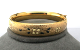 Carl Art Gold Filled Antique Bangle Bracelet 1/2&quot; Enamel Etched Flowers ... - £149.47 GBP