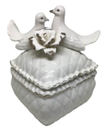 Birds Covered Dish Diamond Shape Rose White Gold Trinket Quilted Lid Cer... - $262.93 MXN