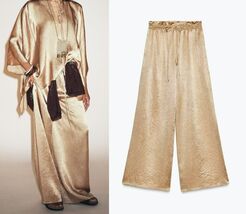 $99 ZARA ZW COLLECTION GOLD SATIN WIDE LEG PANTS M - $79.99