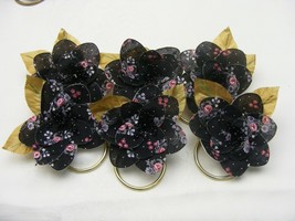 Vintage Handmade Napkin Rings Set of 6 Black w Pink Rose &amp; Lilac Flower #18 - $368.72 MXN