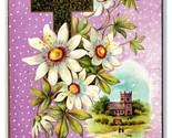 Flowers Cross Castle A Joyful Easter Gilt Embossed DB Postcard J18 - $3.91
