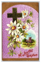 Flowers Cross Castle A Joyful Easter Gilt Embossed DB Postcard J18 - £3.07 GBP