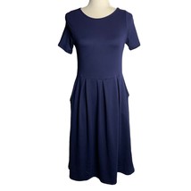 24 Seven Comfort Apparel Pleated Midi Dress S Navy Blue Short Sleeves Pockets - £14.75 GBP