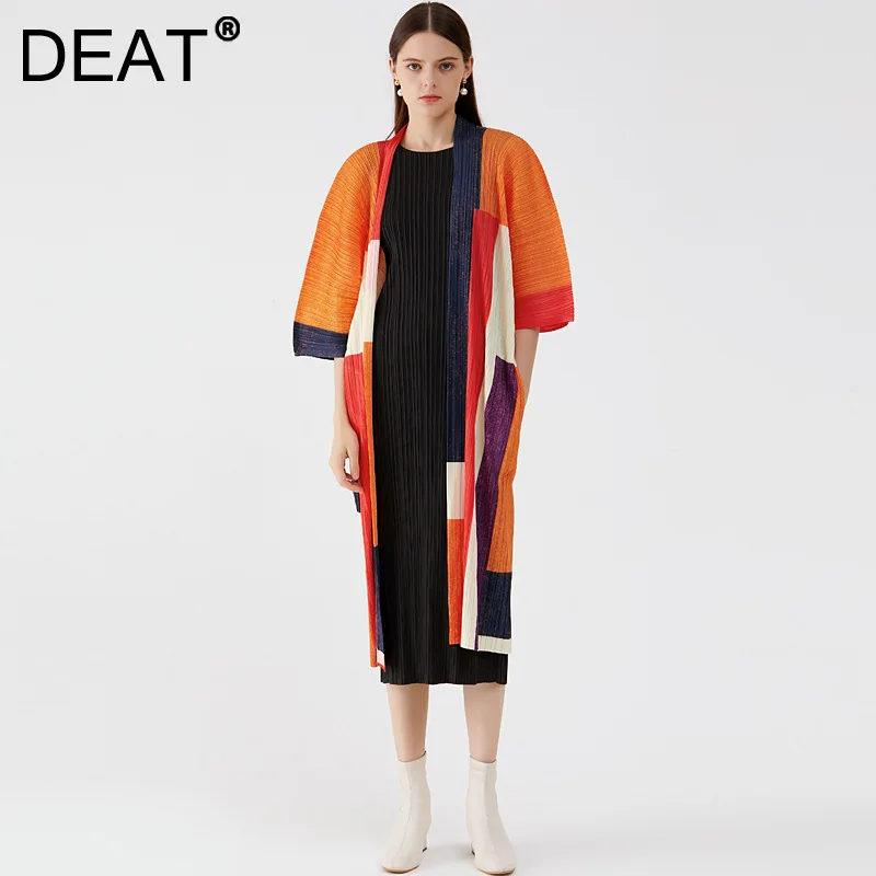 DEAT Woman Pleated Coat Orange Color-block Mid Sleeve Cardigan V Collar Casual S - £179.62 GBP