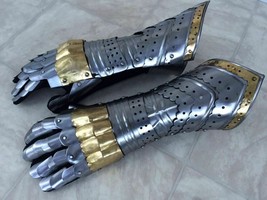 Gauntlet Gloves Pair w/ Brass Accents Medieval Knight Crusader Steel glo... - $133.35