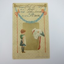 Postcard Birth Announcement Little Girl Stork &amp; Baby Blue Flowers Antique 1917 - £7.46 GBP