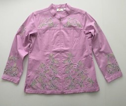 Quacker Factory Jacket Pink Sz S Sequin Embroidered Floral Full Zip Rhin... - $27.94