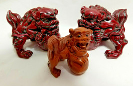 Lot 2 Vintage Chinese Foo Dogs Guardian Lions Cinnabar Resin Figurines &amp; 1 Wood - £29.53 GBP