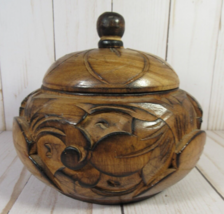 Wooden Round Jar Canister Trinket Lid Hand Carved Deep Floral Pattern 5.... - $12.77