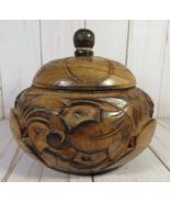 Wooden Round Jar Canister Trinket Lid Hand Carved Deep Floral Pattern 5.... - £10.04 GBP