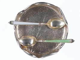 Art Nouveau Sterling finger bowl with two guilloche enamel demitasse spoons - $242.55