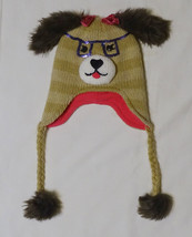 Girls Knit Dog Hat Sequined Bows, Glasses &amp; Nose, Fur Ears &amp; PomPoms Ties Button - £4.73 GBP