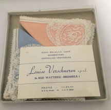 Vintage BELGIAN LACE Napkin or Hankies Boxed Set of 3 Blue Pink Yellow - $34.30
