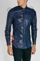 MEN&#39;S Real Blue Leather Military Style Shirt Full Sleeves Schrawz Jacket... - $101.90