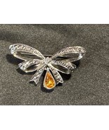 Silver Tone Bow Brooch Rhinestones Dangling Amber Teardrop Pendant Accent - $24.63 CAD