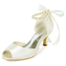 Kitten Heels Pearls Wedding Shoes Satin Peep Toe Ribbon Tie Prom Evening Formal  - £66.34 GBP