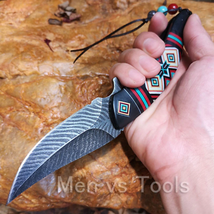 Native Knife Fold Pocket Damascus Style Feather Blade - £64.54 GBP