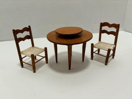 Vintage Dollhouse Miniature Wooden Dining Round Table with Lazy Sunsan 2 Chairs - £7.52 GBP