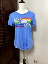 Well Worn Womens T-Shirt Love Rainbow Blue Graphic Short Sleeve Front Knot M - £8.30 GBP