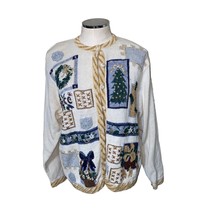 Cascade Blues Vintage Button Front Ugly Christmas Sweater w/fabric buttons SZ L - £19.41 GBP