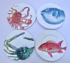 4 Pottery Barn Under the Sea Melamine 9&quot; Salad Plates Turtle Octopus Crab Fish - £22.80 GBP
