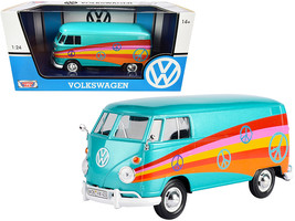 Volkswagen Type 2 (T1) Delivery Van &quot;Peace&quot; Turquoise Metallic 1/24 Diecast Mode - £36.16 GBP