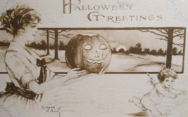 Halloween Postcard Kathryn Elliott Women With JOL Spooks Cherub Angel Sepia 1911 - £100.02 GBP