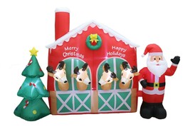 9 Foot Long Christmas Inflatable Santa Claus Reindeer in Stable Tree Dec... - £99.05 GBP