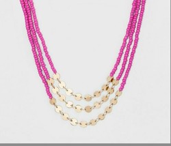 SUGARFIX by Baublebar Gold Pink Beaded Long Multi Layered Chain Disks Necklace - $12.43