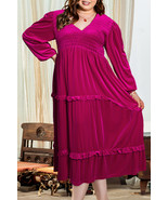Rose Red Shirred V Neck Tiered Ruffled Velvet Plus Size Maxi Dress - $57.15