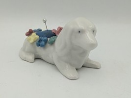 Vintage WHITE Porcelain DOG Dachshund &amp; Flower PIN CUSHION Figurine Layi... - $11.88