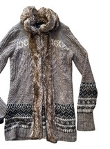 Cynthia Rowley Cardigan Women Medium Cable-Knit Faux Fur Trim Open Sweater image 4