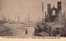 Salem Massachusetts ~ St. Joseph Church &amp; Engine #3 After Fire ~1914 Postcard... - £8.55 GBP