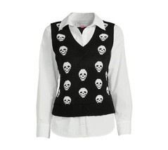 New No Boundaries Layered Look Top Sz M Vest Over Dress Shirt Skull Halloween - £15.69 GBP