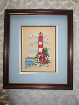 Framed &amp; Matted EMBROIDERED/CROSS STITCHED LIGHTHOUSE Wall Hanging-12.5&quot;... - £14.35 GBP