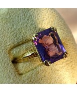 Vintage 14k Yellow Gold 12x10mm Rectangle Emerald Cut Purple Amethyst Ring Sz 6 - £224.28 GBP