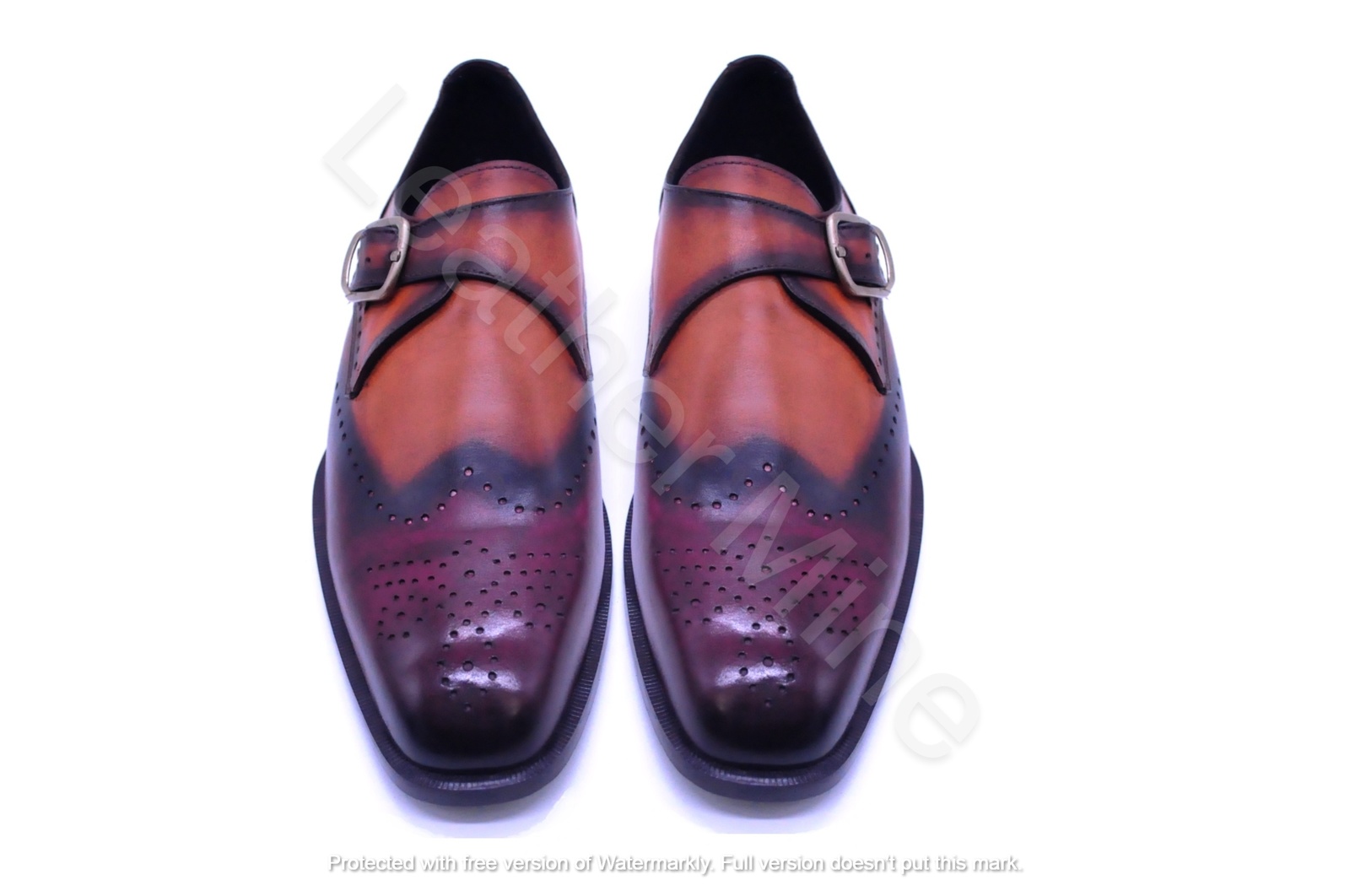 Handmade Men's Tan Patina Leather Monk Strap Dress Shoes For Men