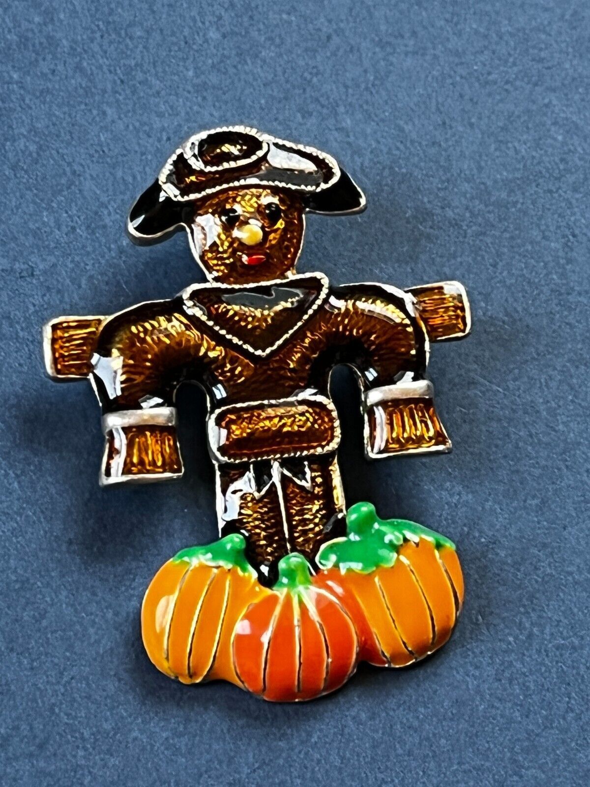 Primary image for Cute Brown Enamel SCARECROW w Orange Pumpkins Thanksgiving Holiday Brooch Pin Pe