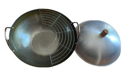 Vintage Carbon Steel Wok 13-5/8”Flat Bottom 2 Metal Handle - £43.90 GBP