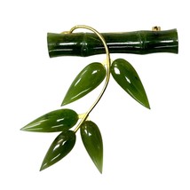 Vintage Jade and Gold Brooch 2&quot; long Bamboo Branch and Leaf design - $42.77