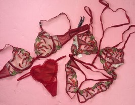 Victoria&#39;s Secret Unlined 34B,34C Bra Set+Xs Teddy Red Chili Peppers Embroidered - £134.21 GBP